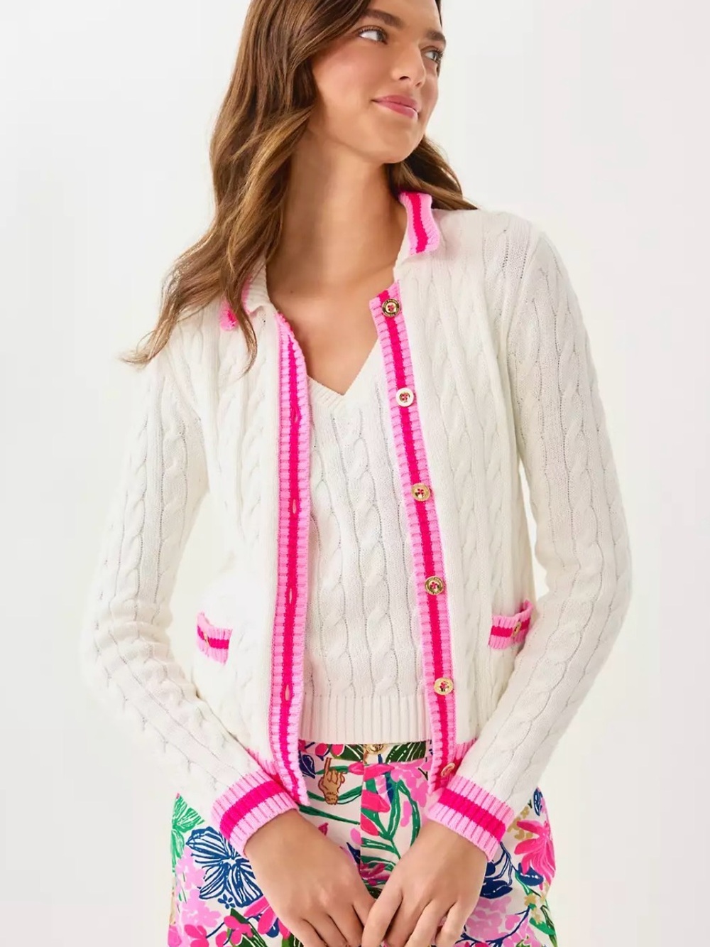 Lilly Pulitzer Brockton Polo Cardigan in Coconut and Pink Bliss tipping